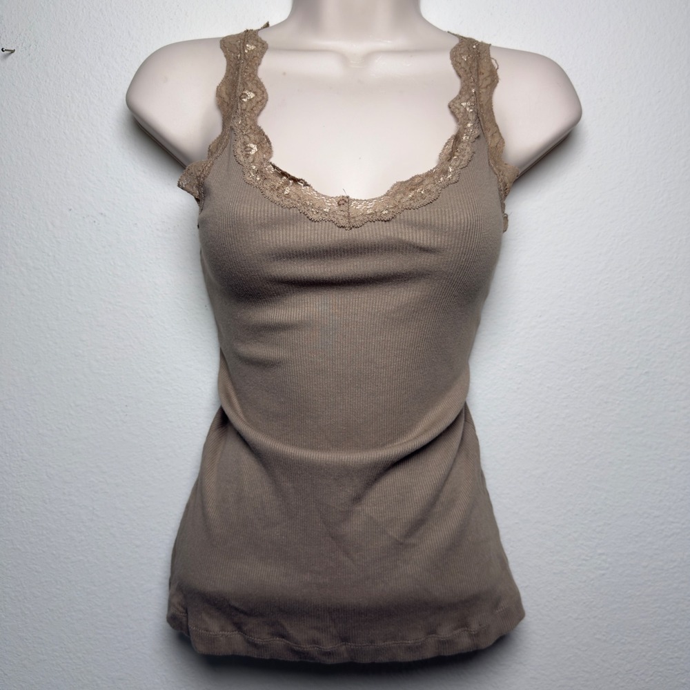 NEW Splash Women 100% Cotton Goblincore Cami Lace Top L Brown Ribbed Fairy
